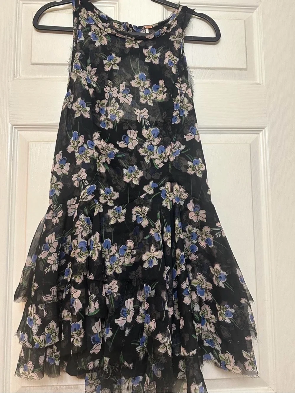 Free People Black Floral Ruffle Hem Mini Dress with Blue Accents